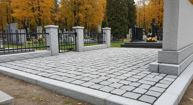 Благоустройство захоронений в Набережных Челнах — мощение гранитной плиткой, цоколь и ограда на ухоженном участке