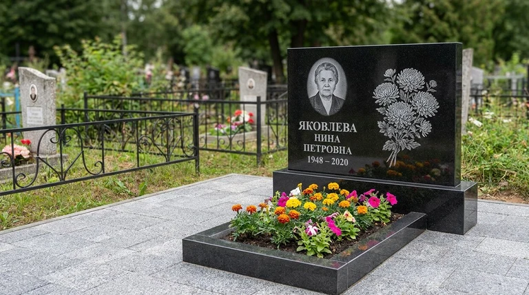 Гравировка хризантем на памятник в Набережных Челнах — пример работы на граните