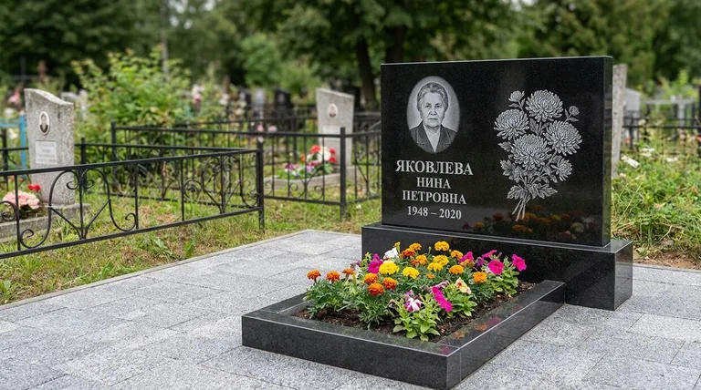 Памятник с гравировкой хризантем — выполненная работа «Соколов» в Набережных Челнах