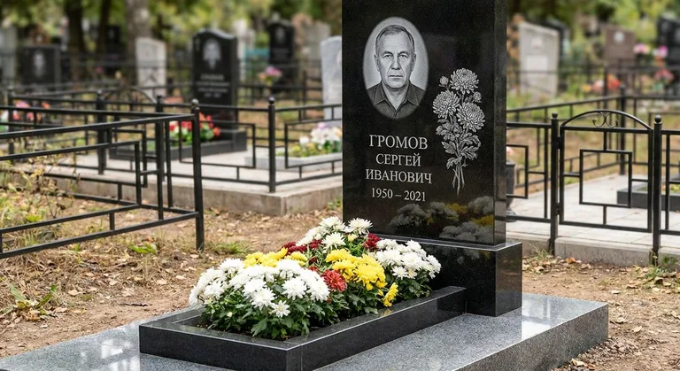 Памятник с гравировкой хризантем — выполненная работа «Громов» в Набережных Челнах