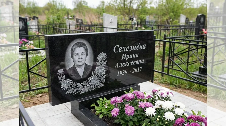 Памятник с гравировкой хризантем — выполненная работа «Селезнёва» в Набережных Челнах