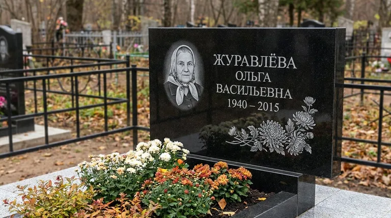 Памятник с гравировкой хризантем — выполненная работа «Журавлёва» в Набережных Челнах