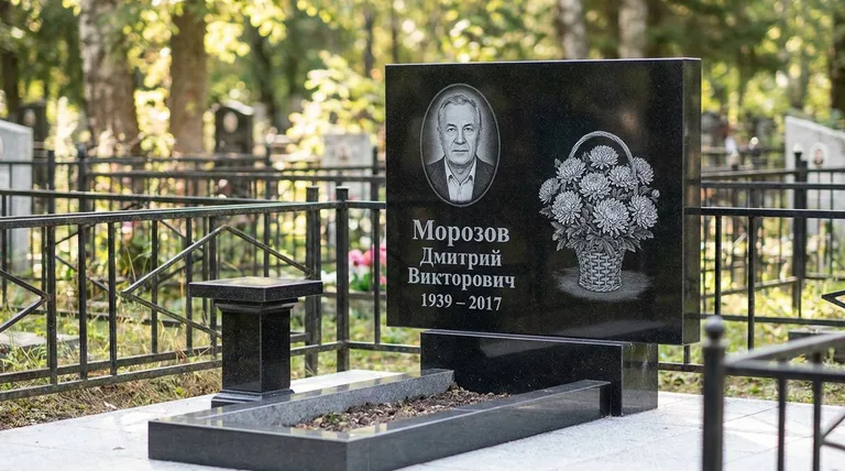 Памятник с гравировкой хризантем — выполненная работа «Морозов» в Набережных Челнах