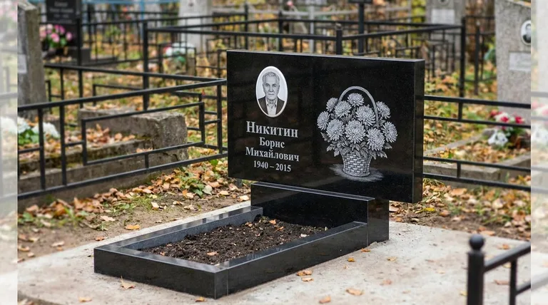 Памятник с гравировкой хризантем — выполненная работа «Никитин» в Набережных Челнах