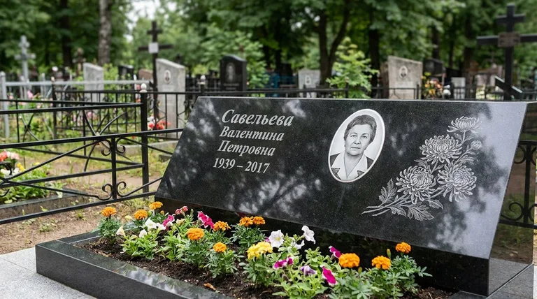 Памятник с гравировкой хризантем — выполненная работа «Савельева» в Набережных Челнах