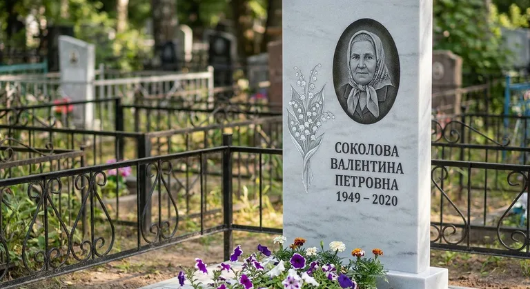 Памятник с гравировкой ландышей — выполненная работа «Соколова» в Набережных Челнах