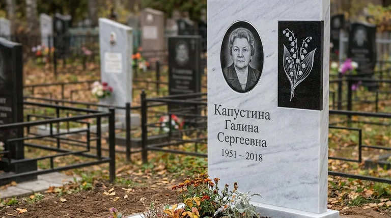 Памятник с гравировкой ландышей — выполненная работа «Капустина» в Набережных Челнах