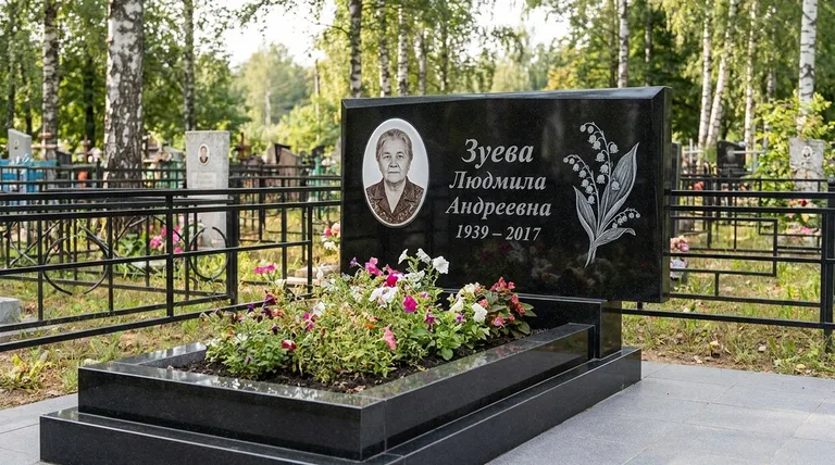 Памятник с гравировкой ландышей — выполненная работа «Зуева» в Набережных Челнах