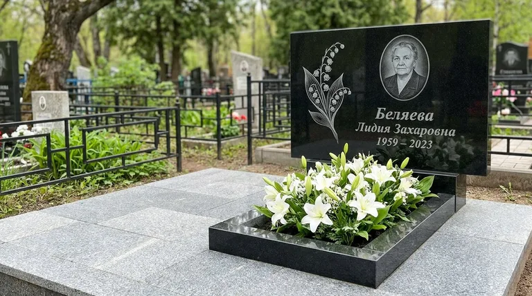 Памятник с гравировкой ландышей — выполненная работа «Беляева» в Набережных Челнах