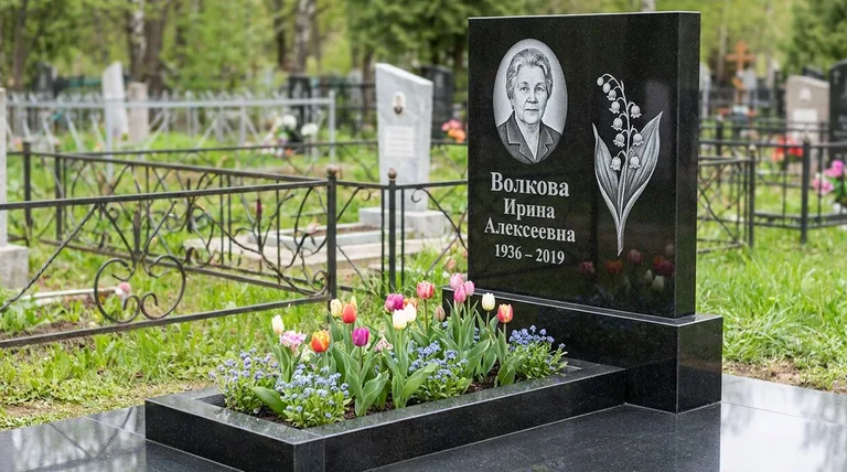 Памятник с гравировкой ландышей — выполненная работа «Волкова» в Набережных Челнах