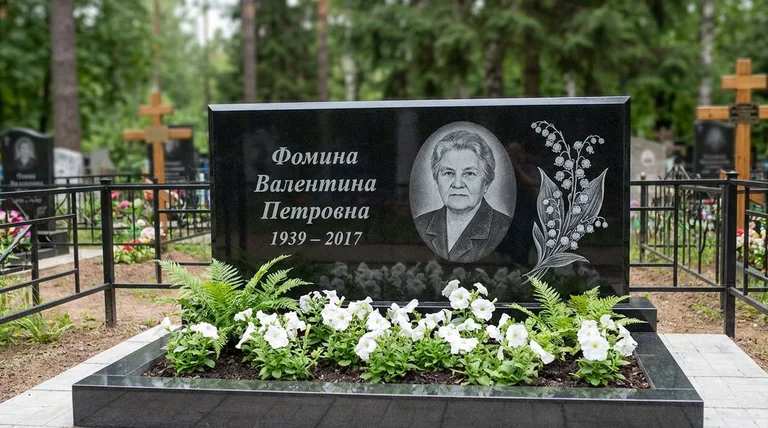 Памятник с гравировкой ландышей — выполненная работа «Фомина» в Набережных Челнах