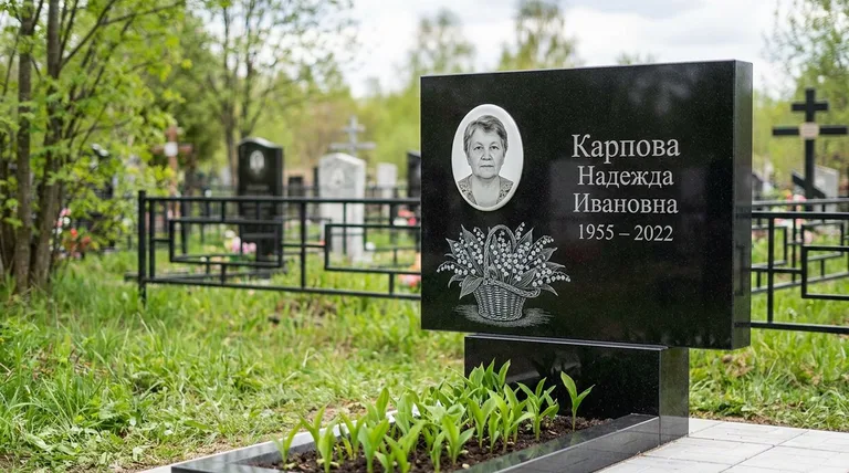 Памятник с гравировкой ландышей — выполненная работа «Карпова» в Набережных Челнах
