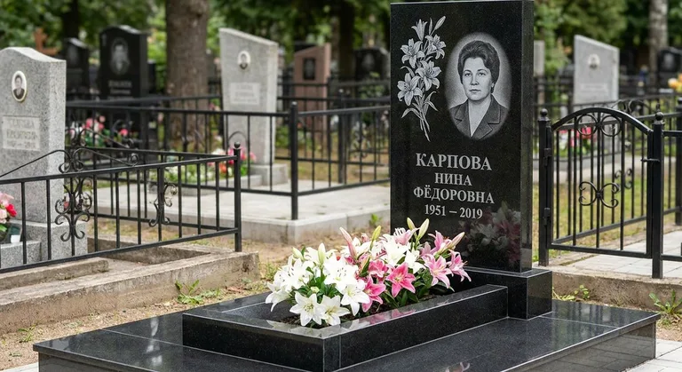 Памятник с гравировкой лилий — выполненная работа «Карпова» в Набережных Челнах
