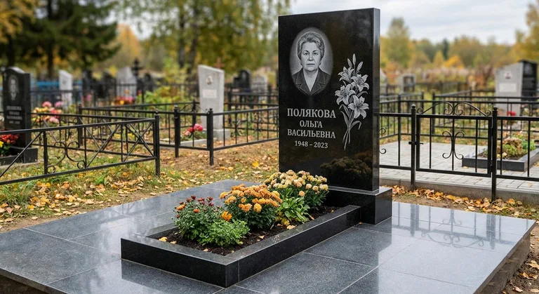 Памятник с гравировкой лилий — выполненная работа «Полякова» в Набережных Челнах