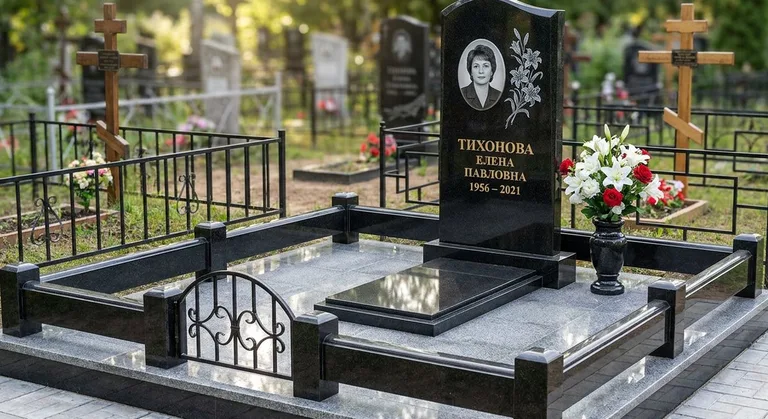Памятник с гравировкой лилий — выполненная работа «Тихонова» в Набережных Челнах