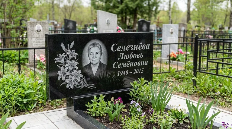 Памятник с гравировкой лилий — выполненная работа «Селезнёва» в Набережных Челнах