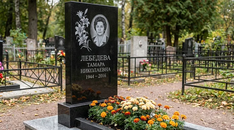 Памятник с гравировкой лилий — выполненная работа «Лебедева» в Набережных Челнах