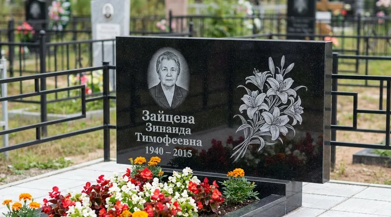 Памятник с гравировкой лилий — выполненная работа «Зайцева» в Набережных Челнах