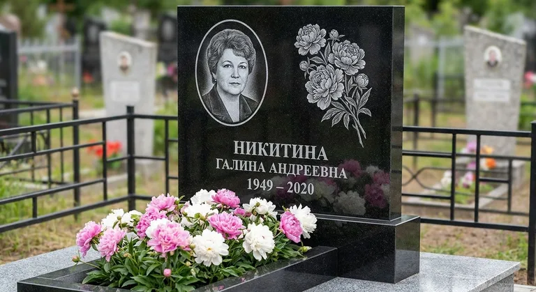 Памятник с гравировкой пионов — выполненная работа «Никитина» в Набережных Челнах