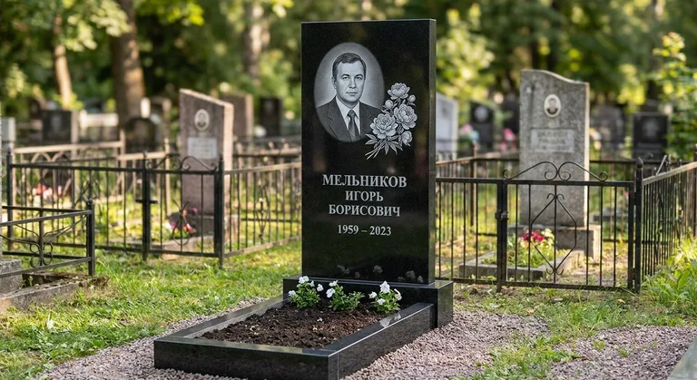 Памятник с гравировкой пионов — выполненная работа «Мельников» в Набережных Челнах