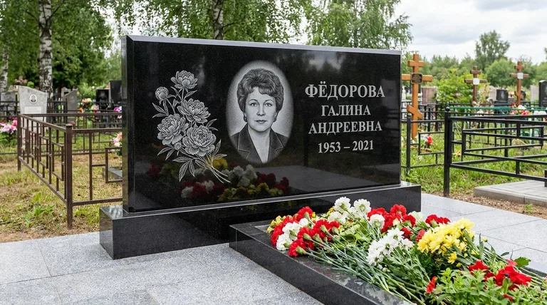 Памятник с гравировкой пионов — выполненная работа «Фёдорова» в Набережных Челнах