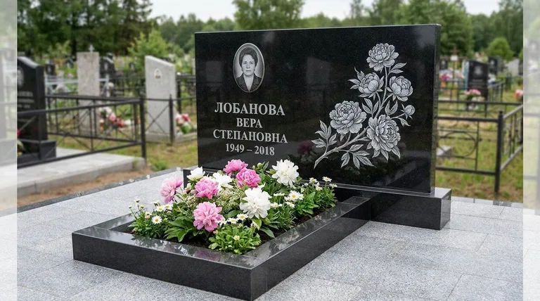 Памятник с гравировкой пионов — выполненная работа «Лобанова» в Набережных Челнах