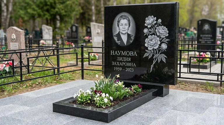 Памятник с гравировкой пионов — выполненная работа «Наумова» в Набережных Челнах