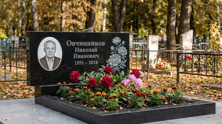 Памятник с гравировкой пионов — выполненная работа «Овчинников» в Набережных Челнах