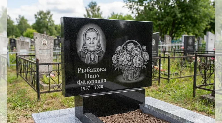 Памятник с гравировкой пионов — выполненная работа «Рыбакова» в Набережных Челнах