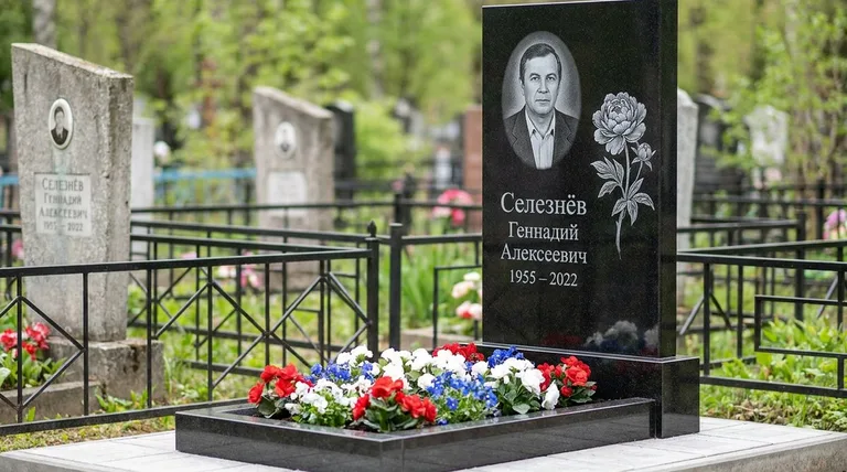 Памятник с гравировкой пионов — выполненная работа «Селезнёв» в Набережных Челнах
