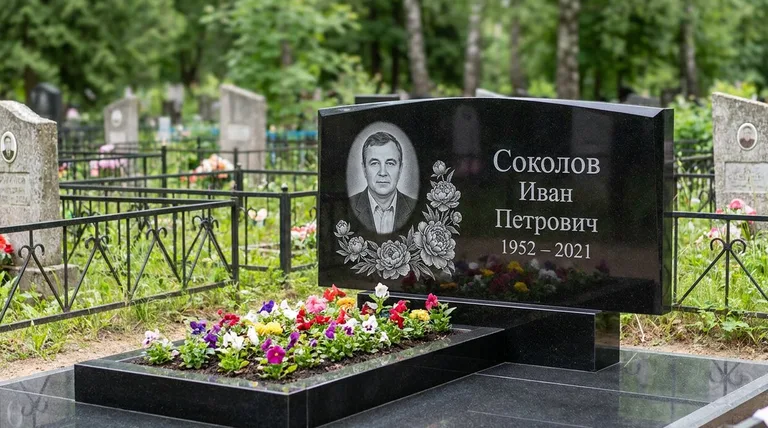 Памятник с гравировкой пионов — выполненная работа «Соколов» в Набережных Челнах