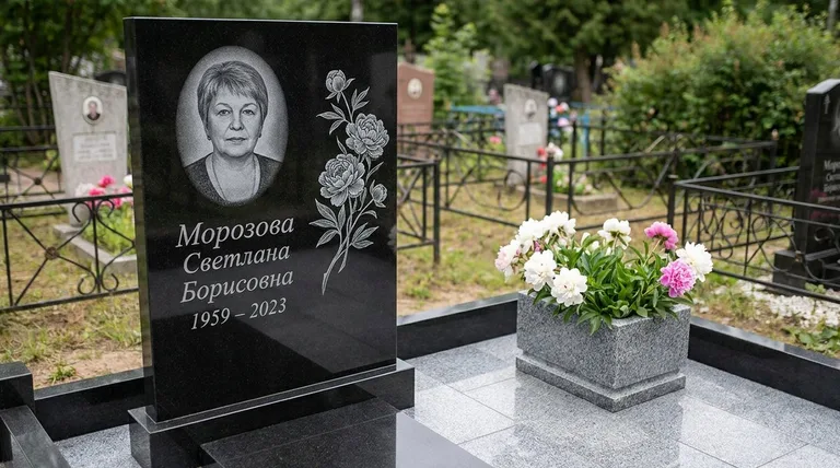 Памятник с гравировкой пионов — выполненная работа «Морозова» в Набережных Челнах