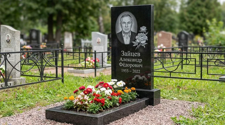 Памятник с гравировкой пионов — выполненная работа «Зайцев» в Набережных Челнах