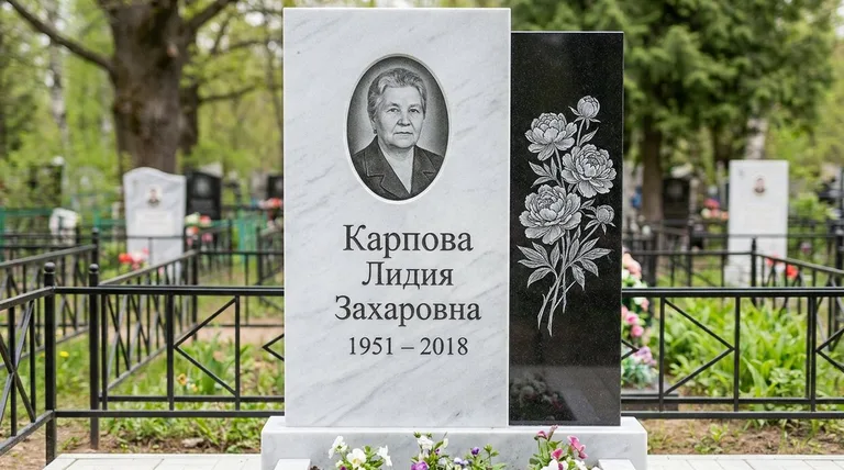 Памятник с гравировкой пионов — выполненная работа «Карпова» в Набережных Челнах