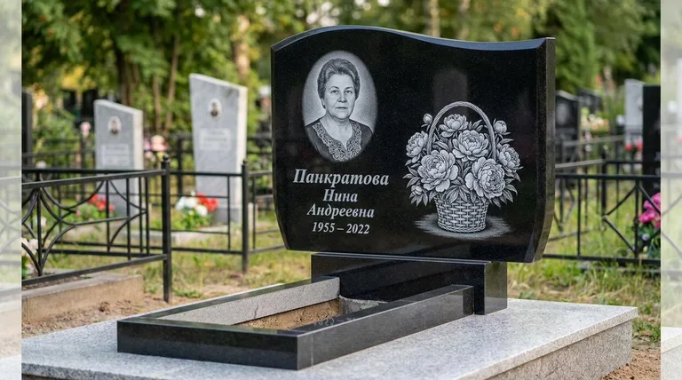 Памятник с гравировкой пионов — выполненная работа «Панкратова» в Набережных Челнах
