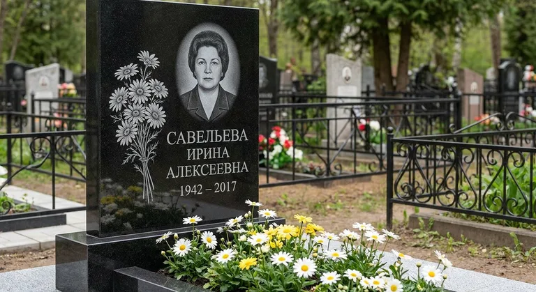 Памятник с гравировкой ромашек — выполненная работа «Савельева» в Набережных Челнах