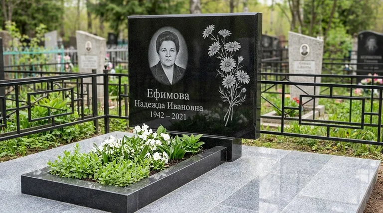 Памятник с гравировкой ромашек — выполненная работа «Ефимова» в Набережных Челнах