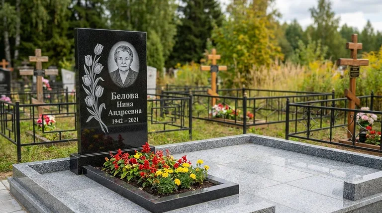 Памятник с гравировкой тюльпанов — выполненная работа «Белова» в Набережных Челнах