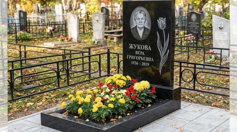 Памятник с гравировкой тюльпанов — выполненная работа «Жукова» в Набережных Челнах