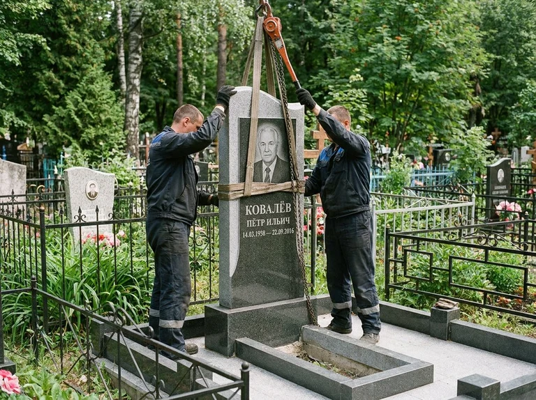 Демонтаж памятника на кладбище в Набережных Челнах — бригада аккуратно снимает старый гранитный памятник с могилы