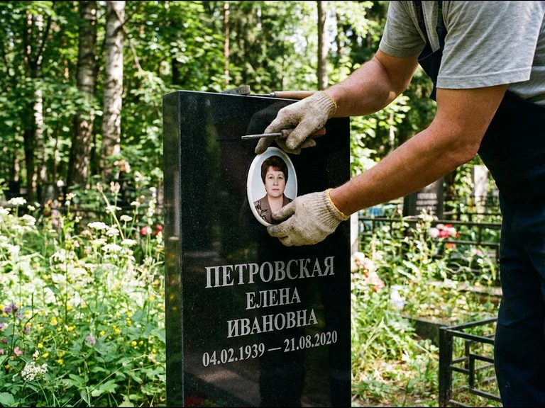 Фото на керамике на памятник в Набережных Челнах — мастер устанавливает овальный керамический портрет на гранитный памятник