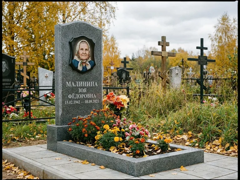 Чёрно-белый керамический портрет на памятнике в Набережных Челнах