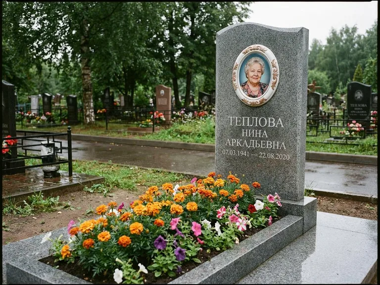 Керамический портрет на памятнике с цветами в Набережных Челнах