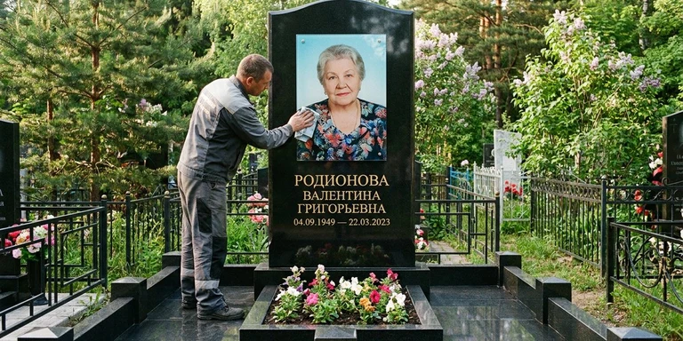 Фотокерамика и печать фото на памятник в Набережных Челнах — мастер устанавливает цветной портрет на стекле на гранитный памятник
