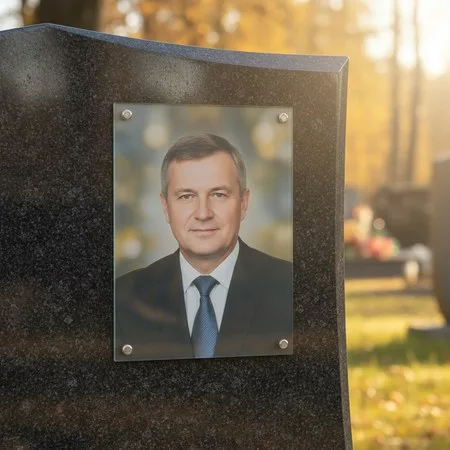 Портрет на стекле на держателях на чёрном граните в Набережных Челнах