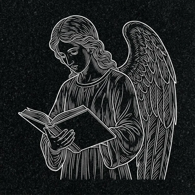 Эскиз гравировки ангела на памятник — ангел с раскрытой книгой в Набережных Челнах