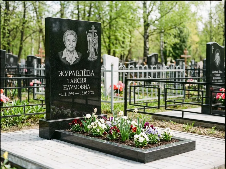 Памятник с гравировкой ангела — гравировка ангела с голубем по диагонали стелы, работа «Журавлёва» в Набережных Челнах