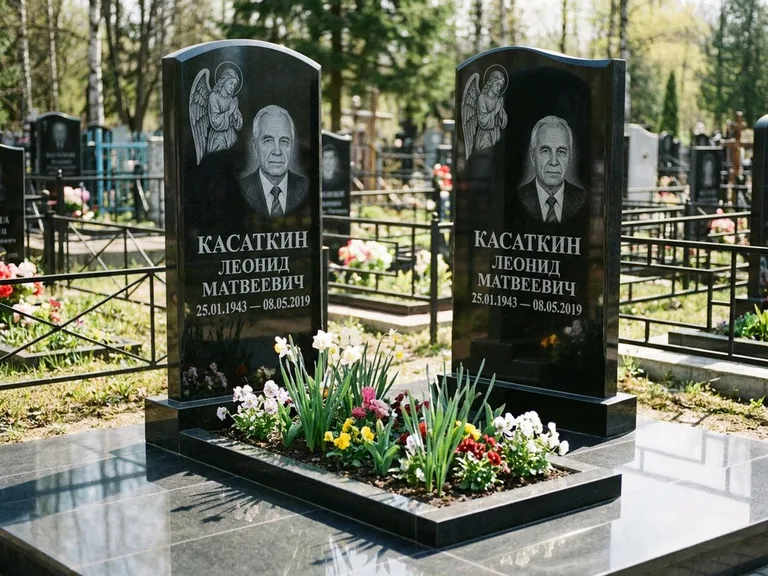 Памятник с гравировкой ангела — гравировка молящегося ангела в верхней части стелы, работа «Касаткин» в Набережных Челнах