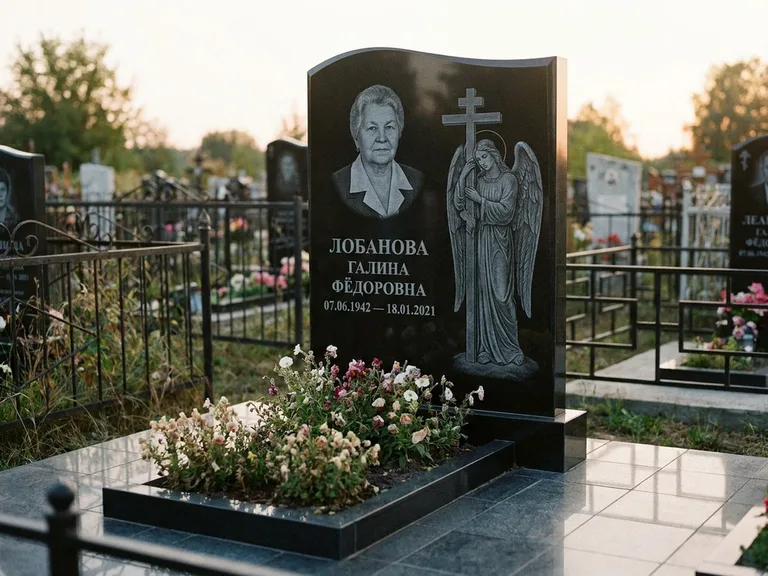 Памятник с гравировкой ангела — гравировка ангела с крестом рядом с эпитафией, работа «Лобанова» в Набережных Челнах