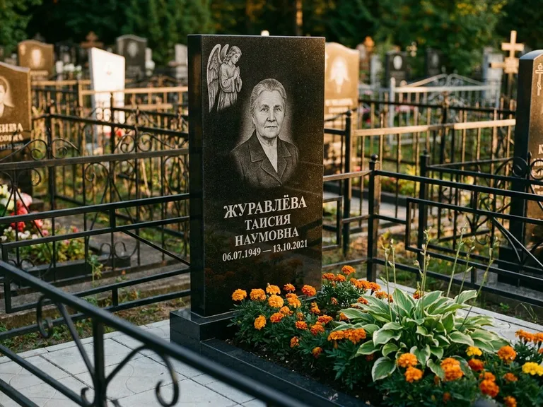 Памятник с гравировкой ангела — гравировка молящегося ангела в верхней части стелы, работа «Журавлёва» в Набережных Челнах